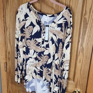 Democracy Navy and Tan Leaf Print Blouse